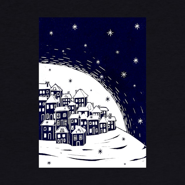 Snowy Night - Beautiful Festive Linocut Village Scene by Maddybennettart